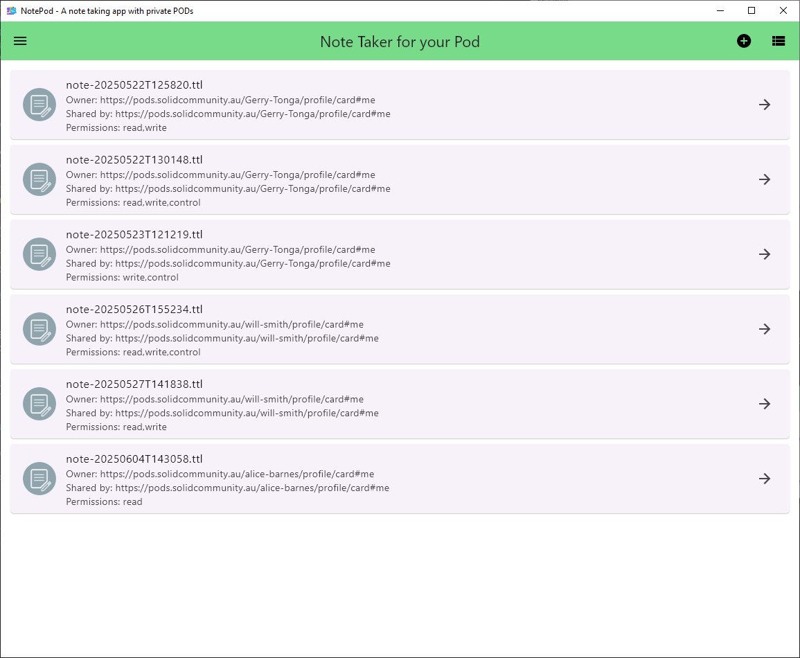 Recipient POD - Shared Notes List showing r note